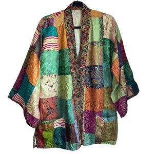 Sevya OS Handmade Kantha Patchwork Kimono Jacket Silk Boho Relaxed